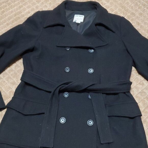 Old Navy Black Wool Blend Double Breasted belted Pea Coat Dress Jacket Size L - Picture 4 of 7